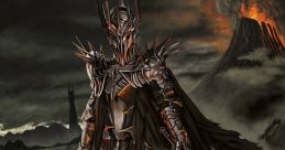 Sauron, the Dark Lord, stands menacingly in an ash-covered land, wielding a spear amidst volcanic eruptions and darkness.