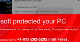 Fake Microsoft alert warns of spyware threat; urges users to call a suspicious toll-free number for support.