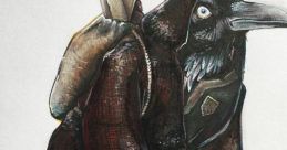 Whistler the Kenku character in dark robes, adorned with a backpack and scrolls, showcasing unique fantasy artwork.