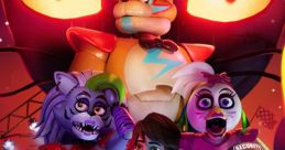 Characters from a humorous horror game, featuring a mix of animatronics and kids, create a funny meme-worthy moment.