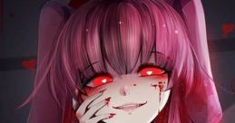 Sinister yandere girl with blood-stained hands and glowing red eyes, embodying the essence of Crazy Yandere Girl Voice.