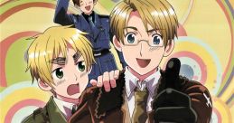 Group of Hetalia characters expressing diverse emotions against a colorful background, showcasing camaraderie and personality.