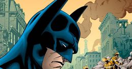 Batman solemnly holds toy bears amid a disaster scene, showcasing his compassion amidst city devastation.