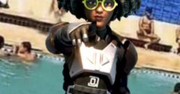 Stylish character with glasses and unique hairstyle poses confidently poolside, showcasing a bold personal style.
