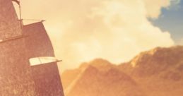 Majestic pirate ship sailing on turbulent seas under a vibrant sunset with distant mountains in the background.