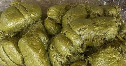 Green animal feces with a textured surface, likely from a herbivore, resting on earthy ground. Ideal for composting.