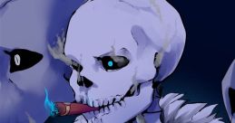 Character from Undertale, featuring a skeleton with blue eyes and a cigar, surrounded by smoke and a dark background.