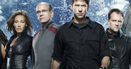 Main characters from Stargate standing confidently in water with dramatic splashes, showcasing their adventurous spirit.