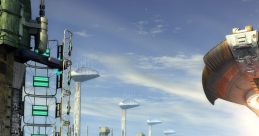 Futuristic cityscape with advanced structures and bridges reflecting a science fiction world by the water.