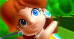 Daisy from Mario Golf: Toadstool Tour swings her golf club, showcasing her vibrant sporty outfit on the sunny course.