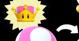 Toadette from New Super Mario Bros. U Deluxe smiles and celebrates with a crown, showcasing her playful character design.