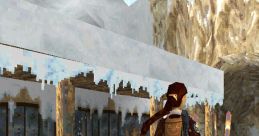 Lara Croft explores a snowy landscape with a snowmobile in Tomb Raider II, showcasing iconic PlayStation graphics.