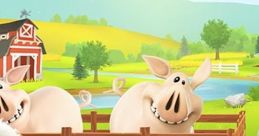 Happy farm animals in Hay Day, featuring playful pigs and a curious horse in a vibrant countryside setting.
