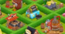 Colorful Hay Day farm layout showcasing various production buildings and decorations in a lush green environment.
