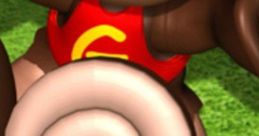 Playful monkey character holding a spiral object, featured in Super Monkey Ball: Banana Splitz for PS Vita.