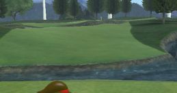 Child character preparing to putt in Wii Sports Club golf, surrounded by lush green grass and wind turbines in the background.
