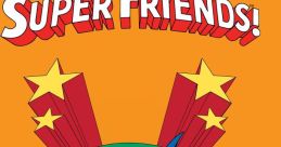 Classic "Super Friends" characters like Batman, Superman, and Wonder Woman in action against a vibrant orange backdrop.