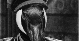Geese commander with a bird head in military attire, showcasing a humorous twist on authority in a black-and-white setting.