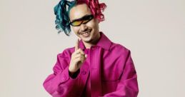 Vibrant character in bold pink outfit and quirky hairstyle, embodying the playful spirit of マツダ家の日常 lifestyle.