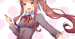 Monika from Doki Doki Literature Club! smiles and poses, capturing the essence of the iconic visual novel experience.