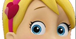 Katie from PAW Patrol, featuring a cute smile and bright blue eyes, wears a pink outfit with a heart-shaped hair accessory.