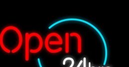 Neon sign advertising "Open 24hrs" for Pornhub, highlighting constant availability of adult content. Bright colors on black background.