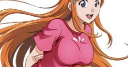 Inoue Orihime from Bleach, cheerful with long orange hair, wearing a pink top and white leggings. Emphasizing her friendly nature.