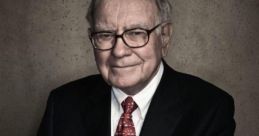 Warren Buffett in a black suit, seated with hands clasped, exuding confidence and wisdom in a professional setting.