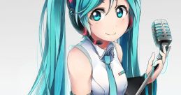 Hatsune Miku with teal hair and a microphone, showcasing her vibrant, digital pop culture style in this anime artwork.