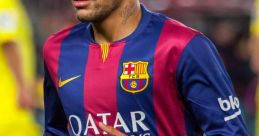 Neymar in a FC Barcelona kit, showcasing skill and intensity during a match, highlighting his football talent and passion.
