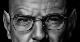Intense portrait of Walter White, showcasing his signature bald head, glasses, and stern expression from "Breaking Bad.