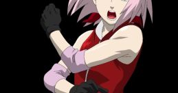 Sakura Haruno in action, showcasing her ninja skills with a fierce expression, wearing her iconic red and pink outfit.