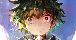 Izuku Midoriya, a determined hero-in-training, looks emotional, showcasing resilience in the face of challenges.