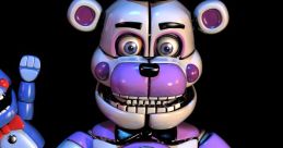 Funtime Freddy, a colorful and cheerful animatronic, holding a microphone and toy, exudes playful charm in a dark setting.