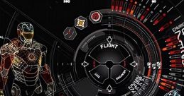 J.A.R.V.I.S. interface displaying Iron Man's flight metrics and suit stats with intricate graphics and data readouts.
