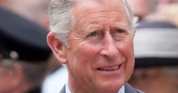King Charles smiling at a public event, wearing a striped suit and a blue flower pin, exuding royal elegance.