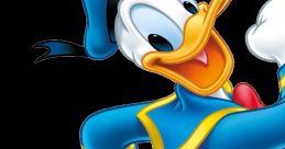 Donald Duck animated character in a joyful pose, wearing a blue sailor suit with a bow tie and a matching hat.