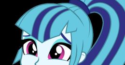Sonata Dusk, vibrant character with teal hair and pink outfit, playfully smiling with a thoughtful expression.