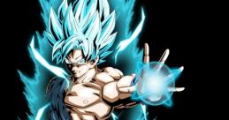 Goku in Super Saiyan Blue form, channeling energy with a dynamic pose and electrifying aura against a black background.