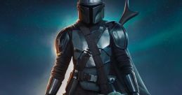 Mandalorian warrior walking in a dramatic landscape, carrying Baby Yoda, ready for action with glowing weapons.