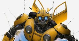 Bumblebee bursts through a wall, showcasing his iconic yellow design and robotic features, ready for action and adventure.
