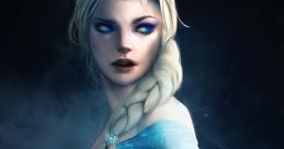 Epic portrayal of Elsa with icy blue dress and striking eyes, embodying strength and magic in a mystical atmosphere.