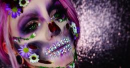 Artistic floral skull makeup on a woman, featuring vibrant colors and intricate details, celebrating beauty and creativity.