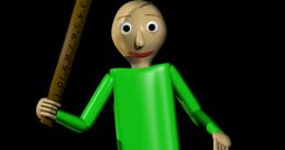 Baldi character from the popular horror game, holding a ruler, wearing a green shirt and blue pants, set against a dark background.