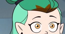Amity Blight smiles warmly, showcasing her signature green hair and stylish outfit in a magical setting.
