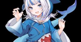 Gawr Gura in a playful shark-themed outfit, showcasing her signature blue hues and adorable shark companion.