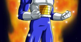 Vegeta powers up in his iconic blue and white armor against a fiery cosmic backdrop, showcasing his fierce determination.