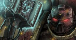 A powerful Space Marine wielding a glowing hammer, ready for battle in a stormy sci-fi landscape.