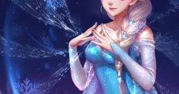 Elsa from Frozen, wearing a shimmering blue gown, surrounded by magical ice and snowflakes, embodies elegance and power.