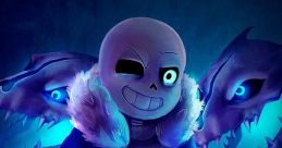 Sans from Undertale stands confidently among glowing blue skeletal heads, showcasing his playful yet mysterious persona.